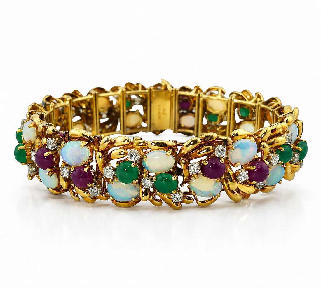 18K yellow gold tennis bracelet with opal, green and purple gemstones and diamond accents