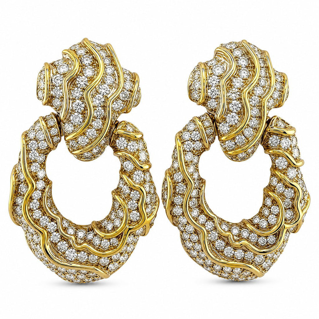 18K yellow gold diamond wavy large hoop earrings