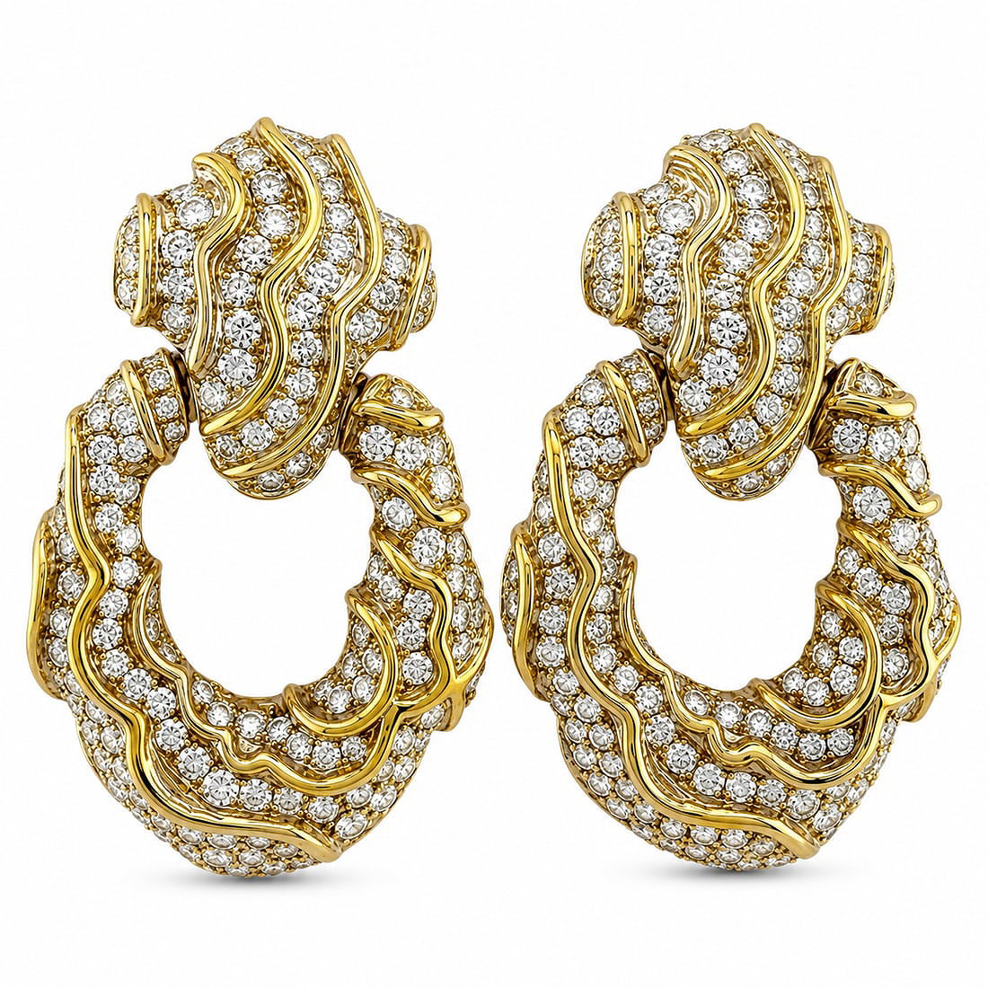 18K yellow gold diamond wavy large hoop earrings