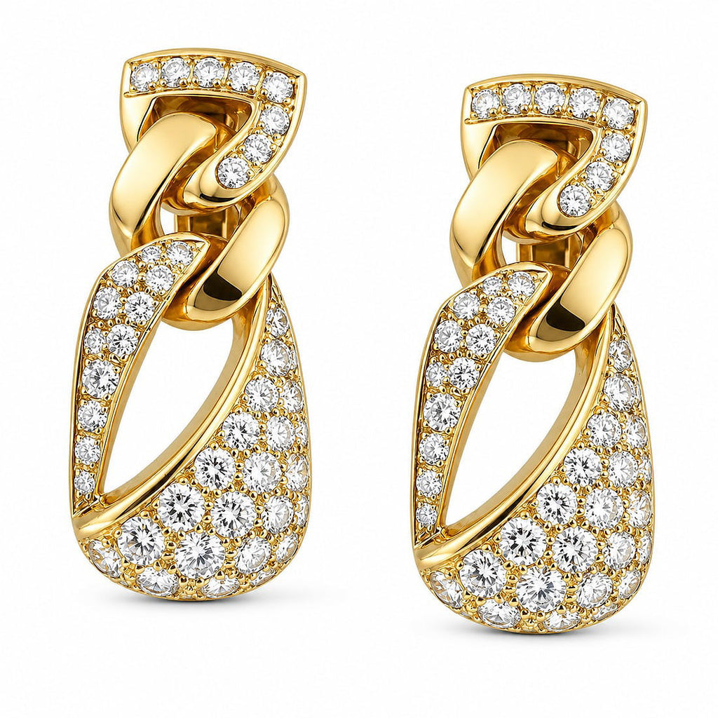 18K yellow gold diamond drop earrings with interwoven link design