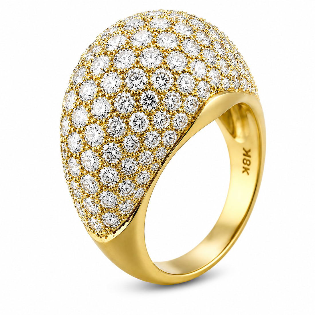 18K yellow gold diamond pavé ring with a domed cascade top