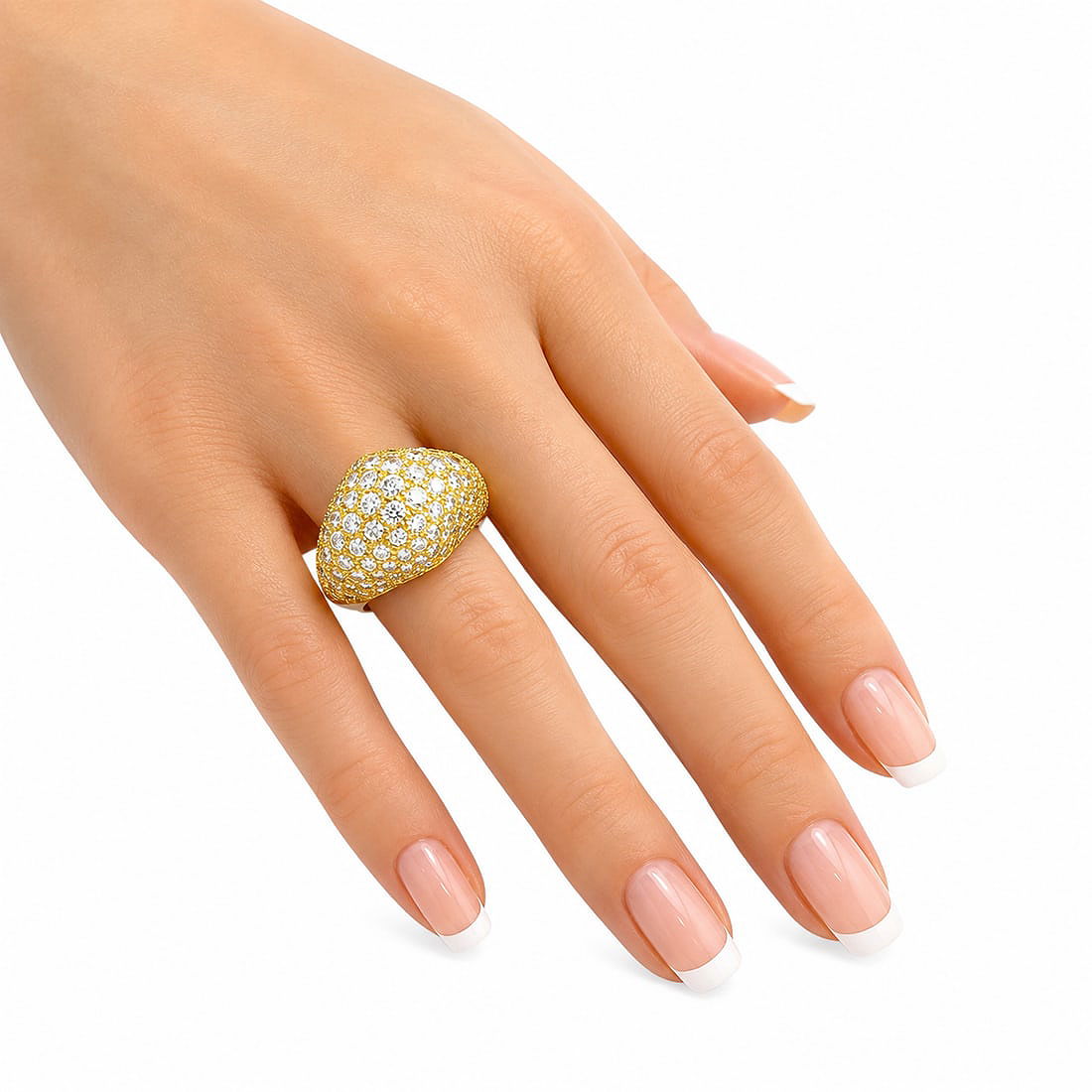 18K yellow gold diamond ring with a teardrop pavé setting on a hand