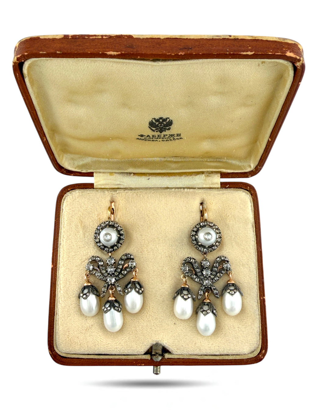 Faberge Imperial Russian Natural Pearl and 2ct Diamond Earrings
