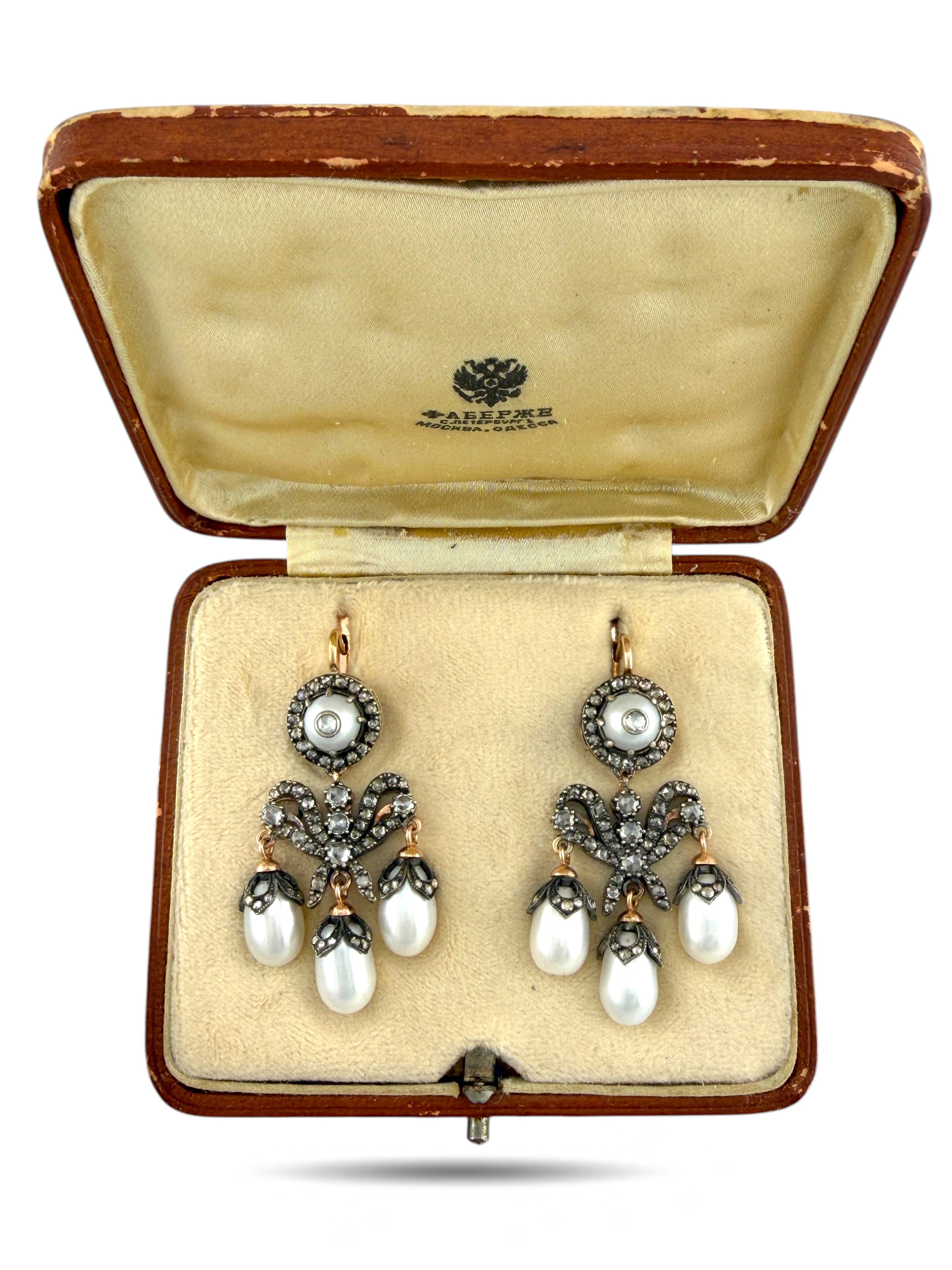 Faberge Imperial Russian Natural Pearl and 2ct Diamond Earrings