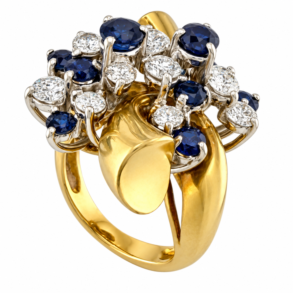 14K yellow gold ring with blue sapphires and diamonds, raised round-stone cluster
