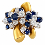 14K yellow gold ring with sapphire and diamond cluster settings, prong-set round stones