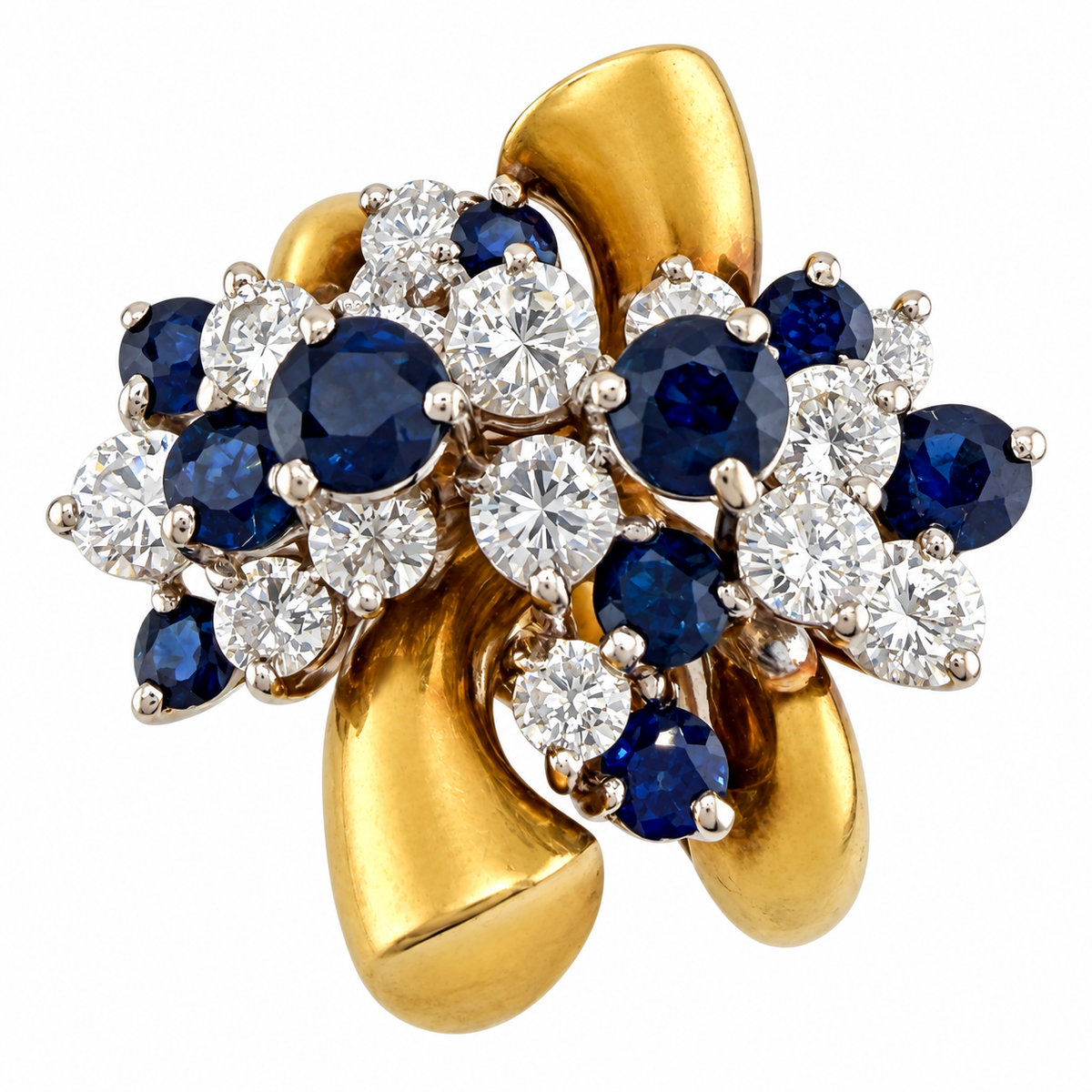 14K yellow gold ring with sapphire and diamond cluster settings, prong-set round stones