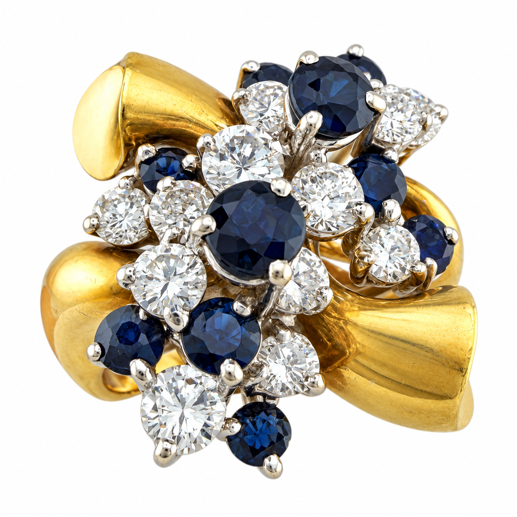 14K yellow gold ring with blue sapphires and round diamonds, clustered high-prong design