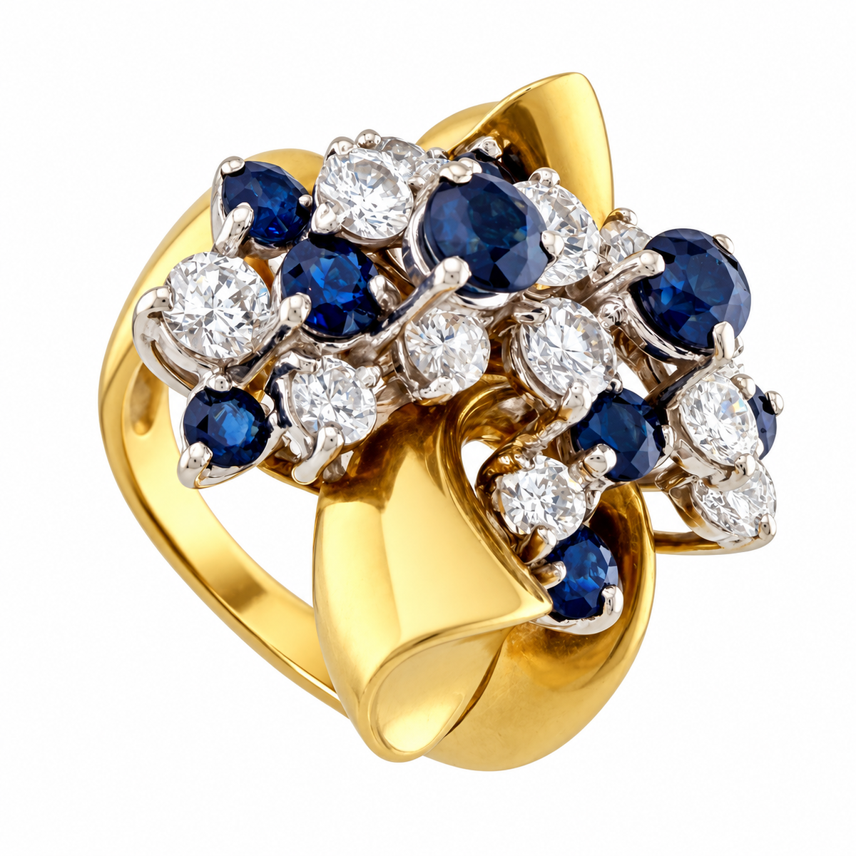 Vintage 14K yellow gold ring with sapphire and diamond cluster, round blue stones
