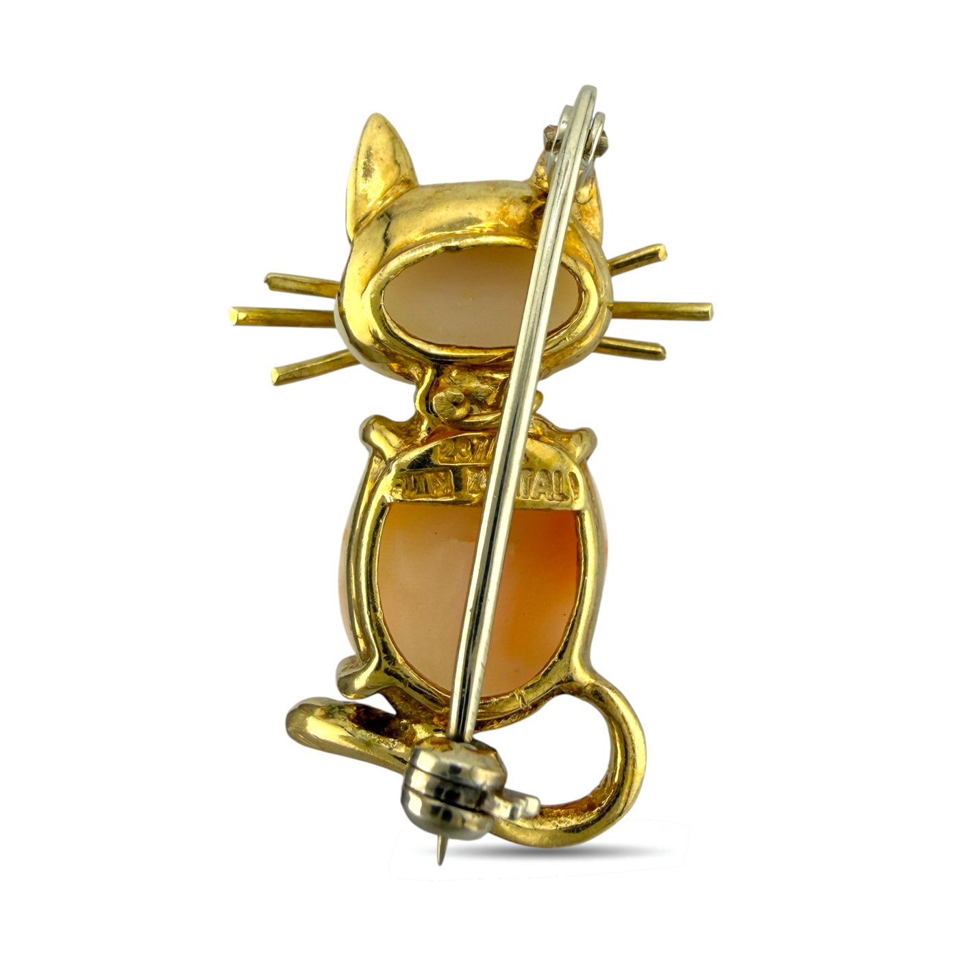 18K Yellow Gold Italian Coral and Ruby Kitten Brooch