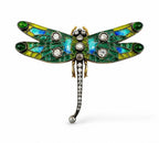 Gold dragonfly brooch with green and blue enamel wings, diamond accents