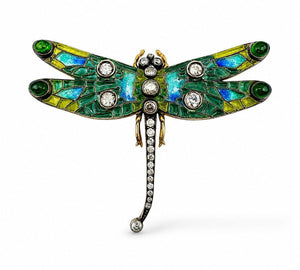 Imperial Russian Period 56K Gold Enamel and 1.5ct Diamond Dragonfly Brooch Circa 1900