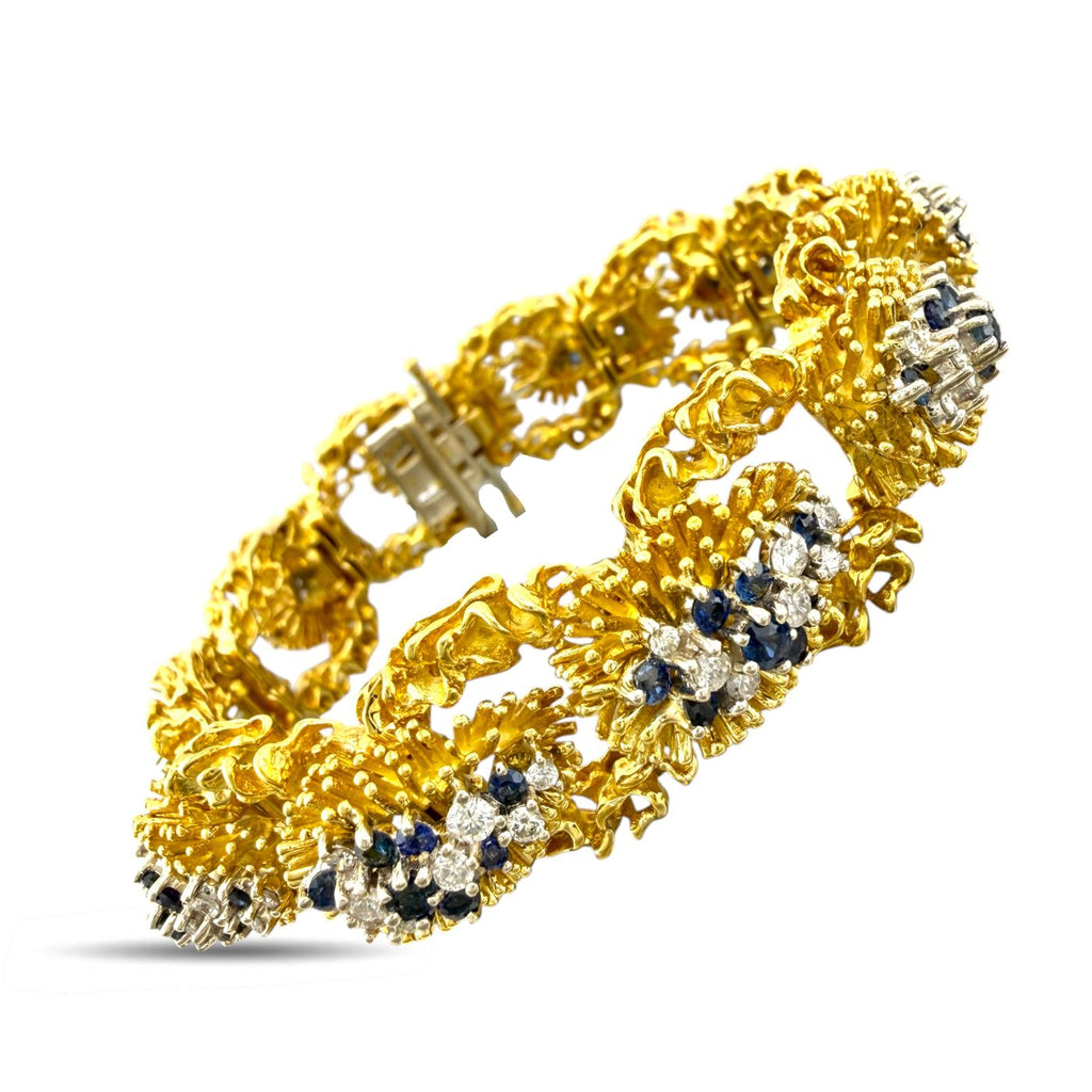 18K Yellow Gold Woven Textured 4.5ct Diamond and 3ct Sapphire Bracelet