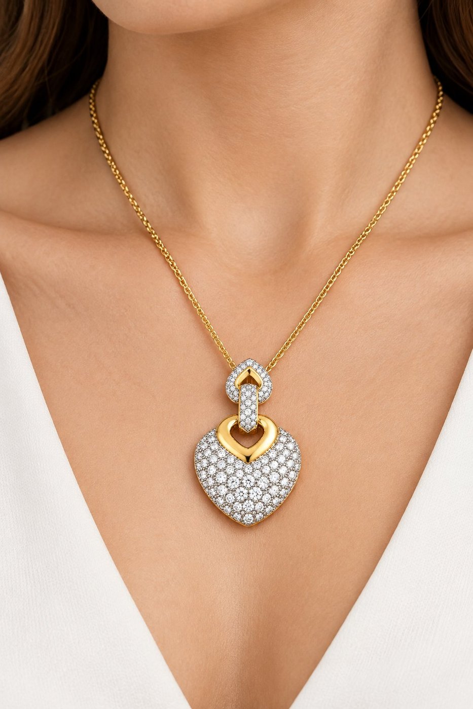 18K yellow gold diamond heart pendant necklace with pavé heart and chain