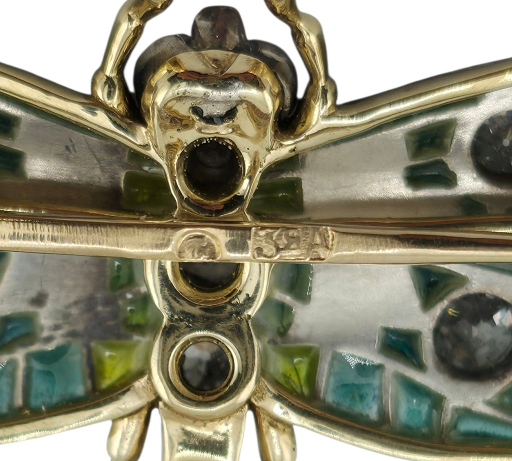 Imperial Russian Period 56K Gold Enamel and 1.5ct Diamond Dragonfly Brooch Circa 1900