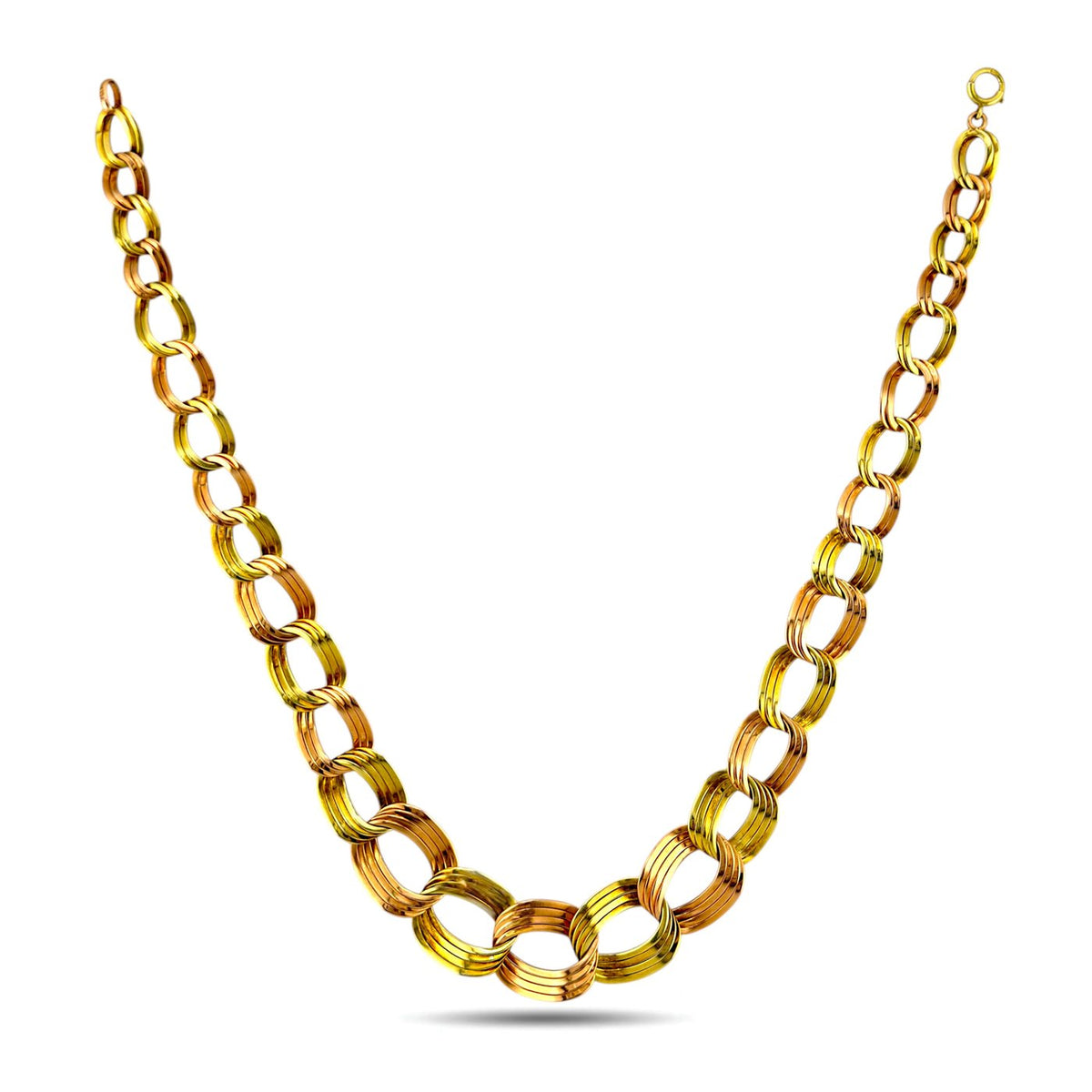 Gold tone graduated circle link necklace with rounded clasp and open chain links