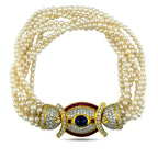 18K Yellow Gold Pearl 9.6ct Diamond, 2.4ct Rubies, and 2.5ct Cabochon Sapphire Necklace