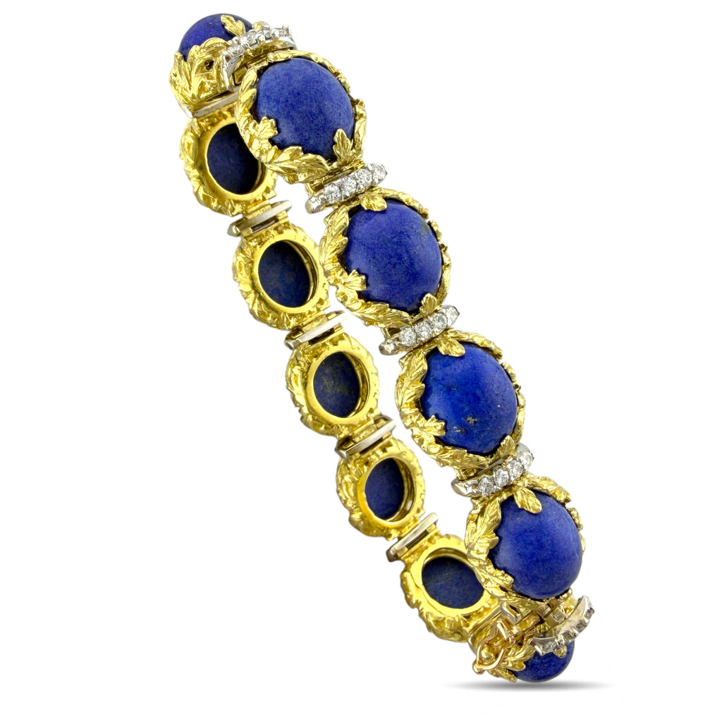 French 18K Yellow Gold Lapis Lazuli and 2.2ct Diamond Brooch