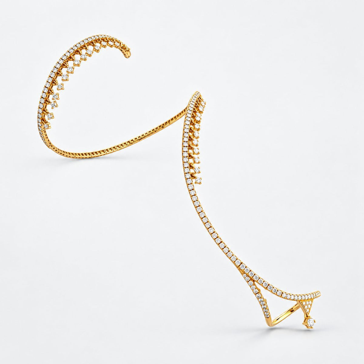 Open diamond bangle showing its flexible curved shape and finger loop