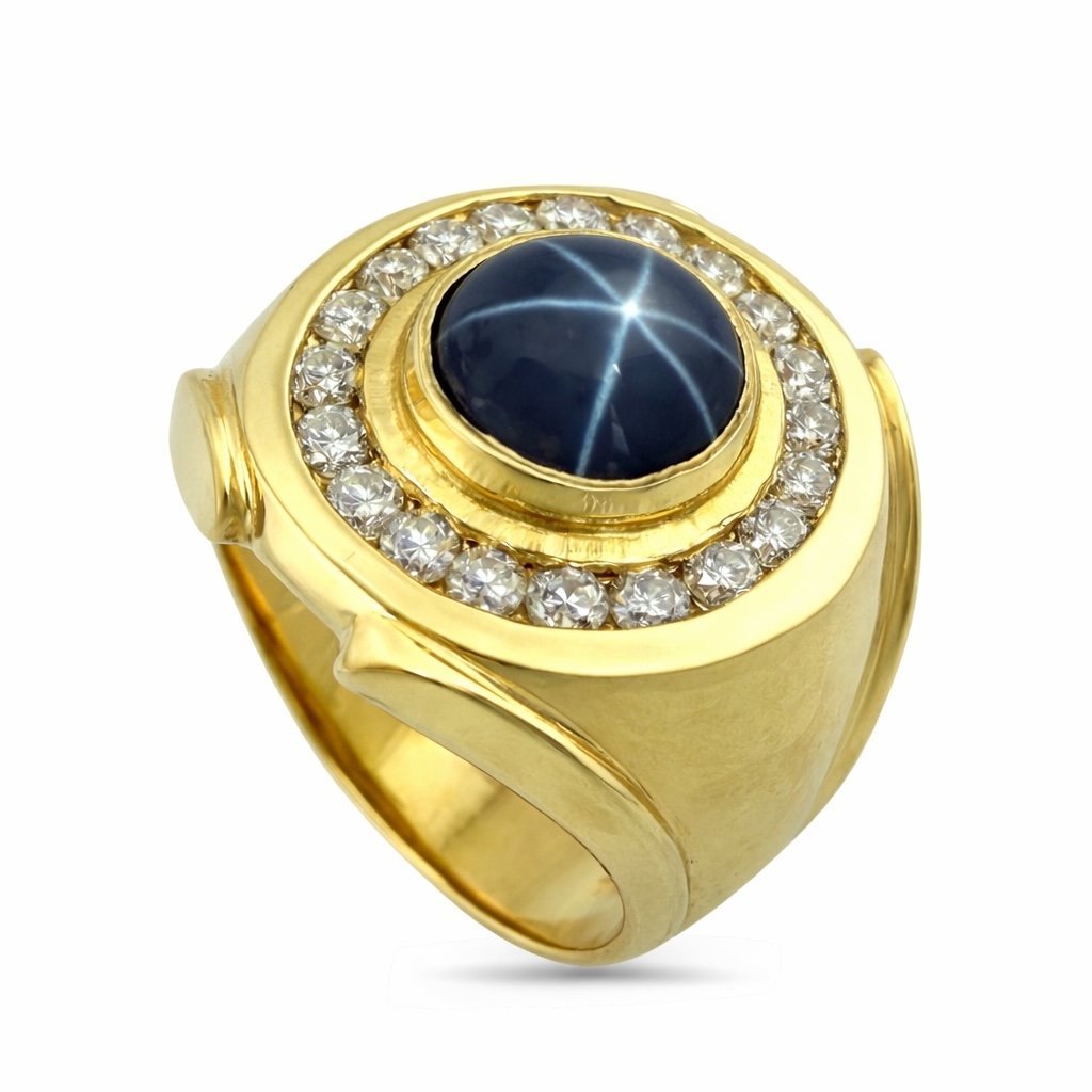 14K Yellow Gold 4.5ct Natural Star Sapphire and 0.57ct Diamond Ring