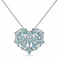 Heart-shaped pendant necklace with sky-blue gemstones and diamond accents, on chain