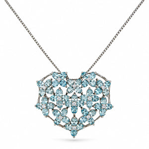 18K White Gold 6.70ct Sky Blue Topaz & 0.40ct Diamond Floral Heart Necklace
