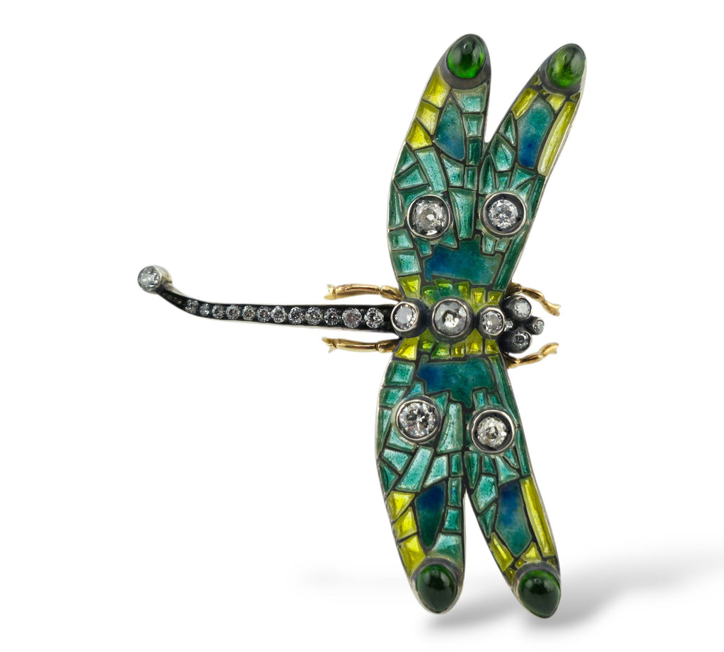Imperial Russian Period 56K Gold Enamel and 1.5ct Diamond Dragonfly Brooch Circa 1900