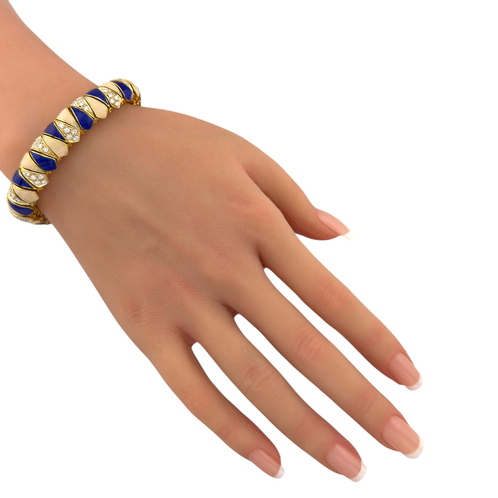 Italian 18K Yellow Gold 2.7ct Diamond, Blue and Tan Enameled Bracelet