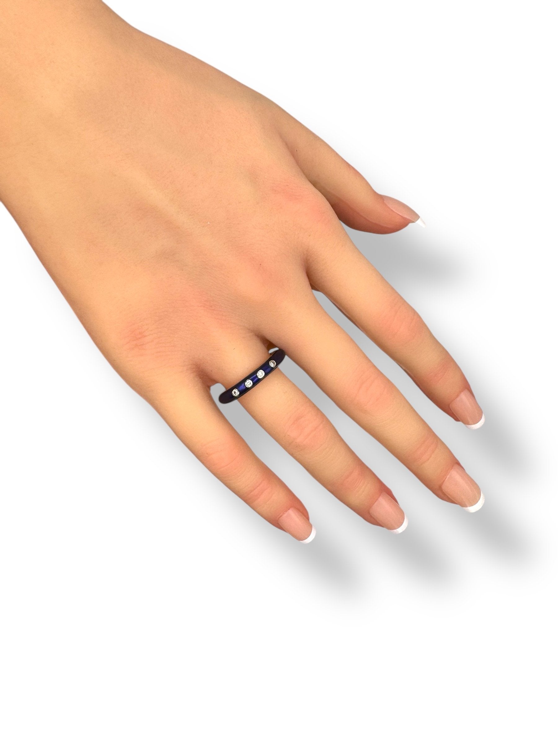 14K Yellow Gold Ring with Diamonds and Blue Enamel