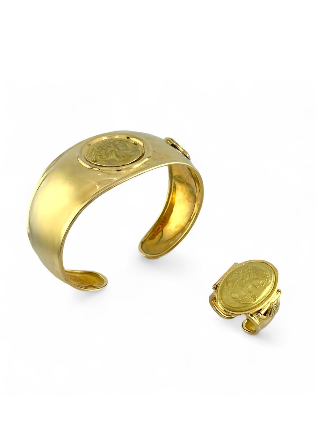 Set of 18K Yellow Gold Renaissance Revival Cuff Bracelet and Ring with Female Deity Motif