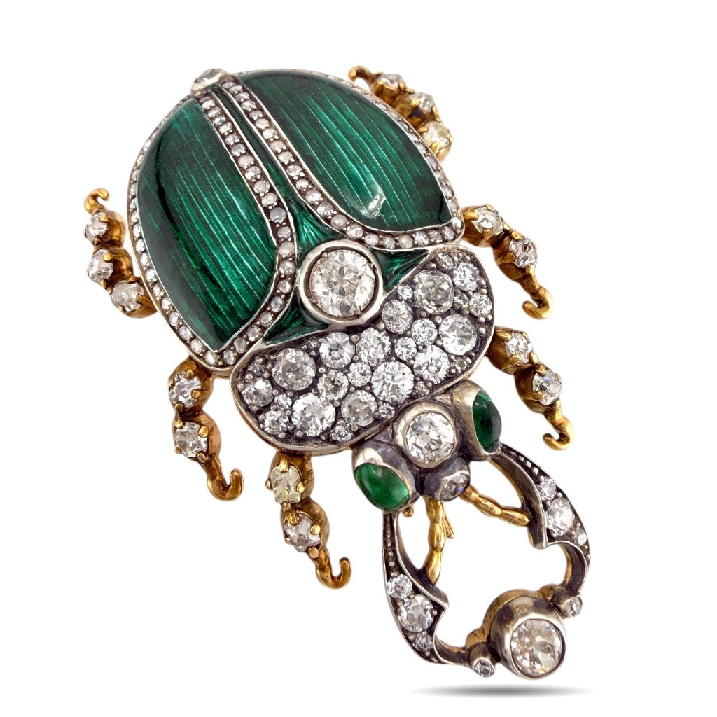 Imperial Russian 56K (14K) Yellow Gold, Enamel and 4.1ct Diamond Brooch Demantoid