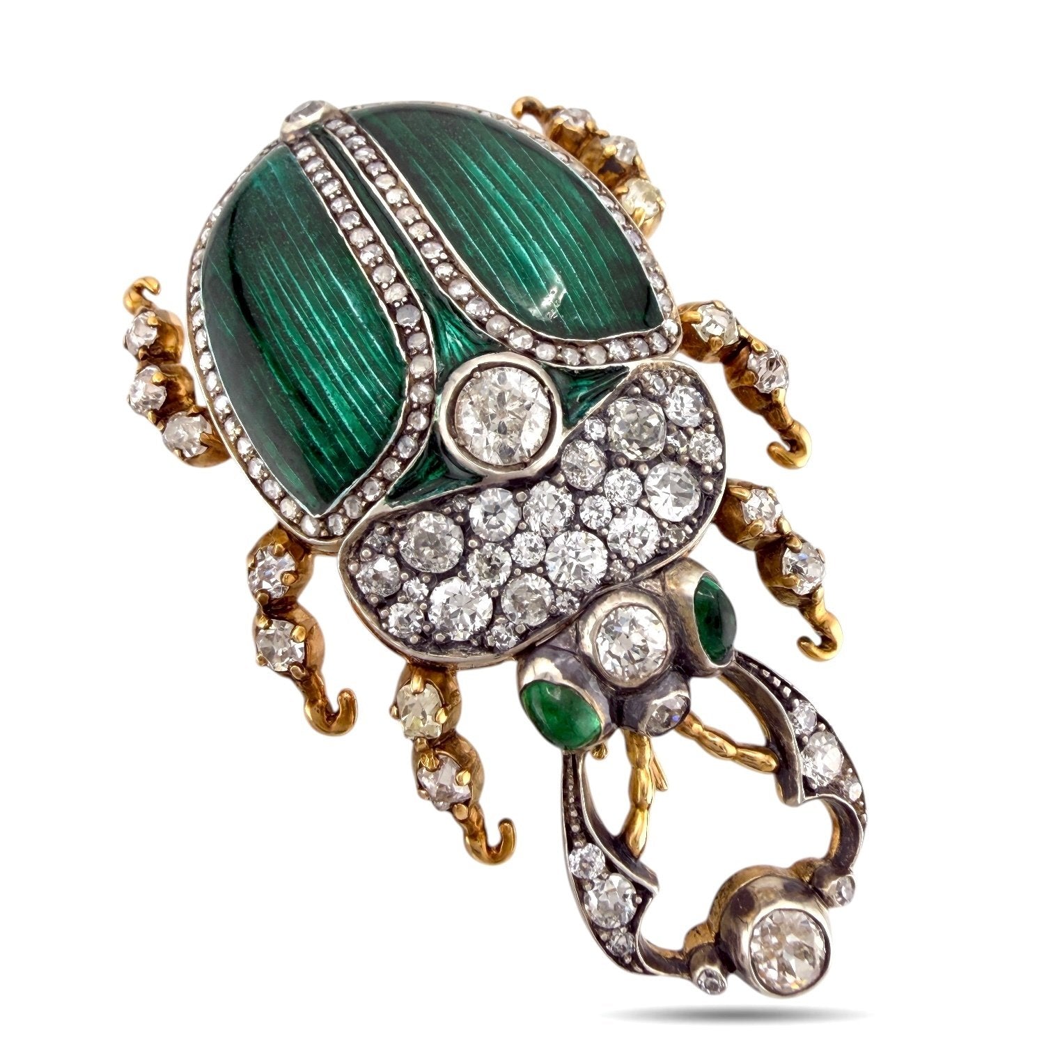 Imperial Russian 56K (14K) Yellow Gold, Enamel and 4.1ct Diamond Brooch Demantoid