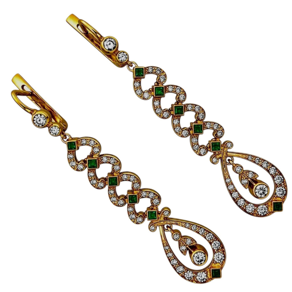 14K Rose and Yellow Gold Imperial Russian Emerald and Diamond Dangle Earrings