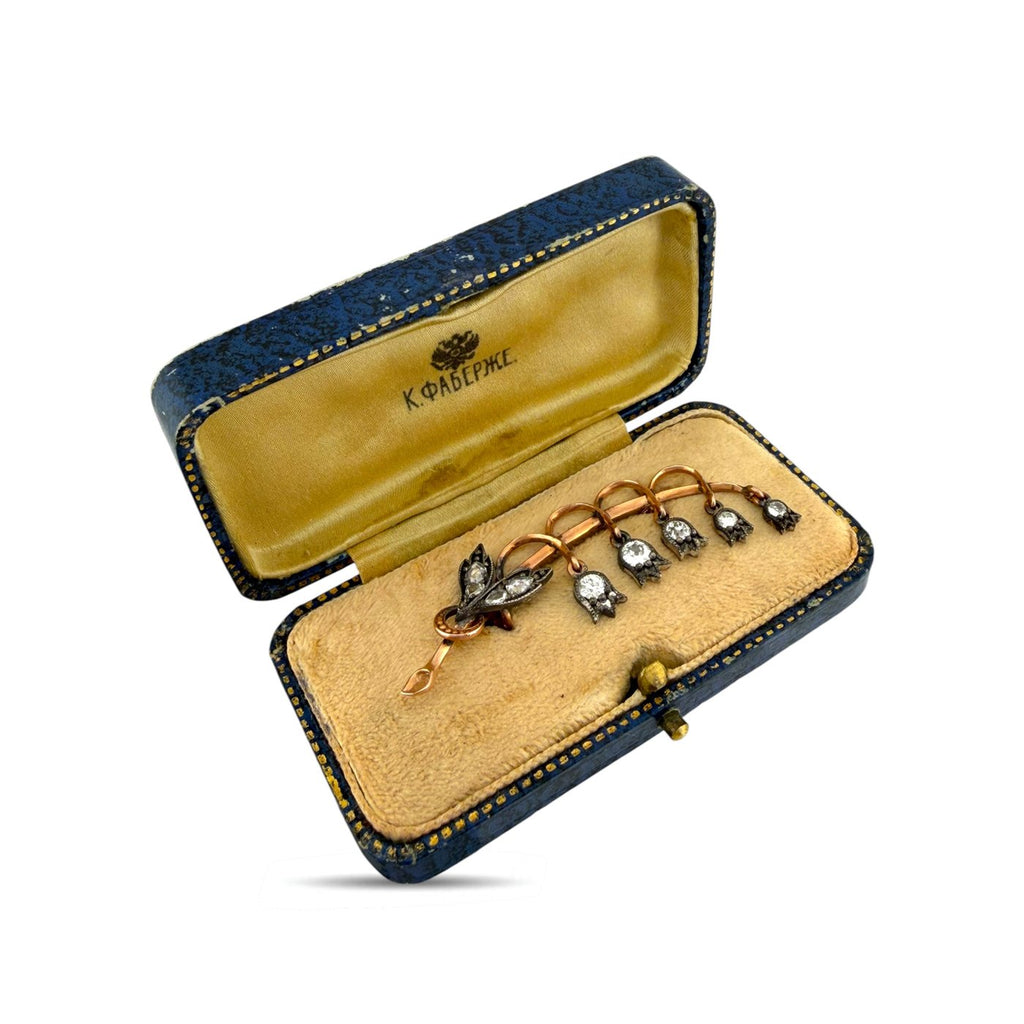 Imperial Russian K. Faberge 56K Rose Gold and Diamond Brooch