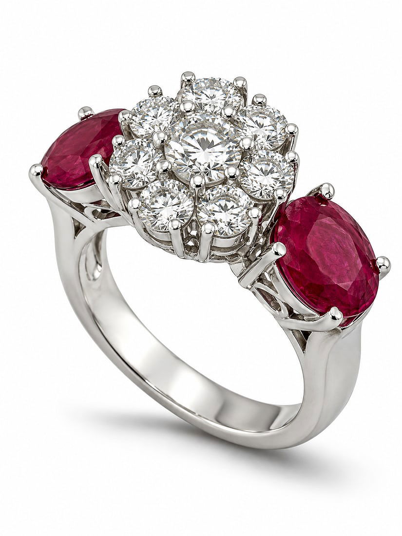 Platinum ring with diamond cluster and two oval ruby accents on the sides