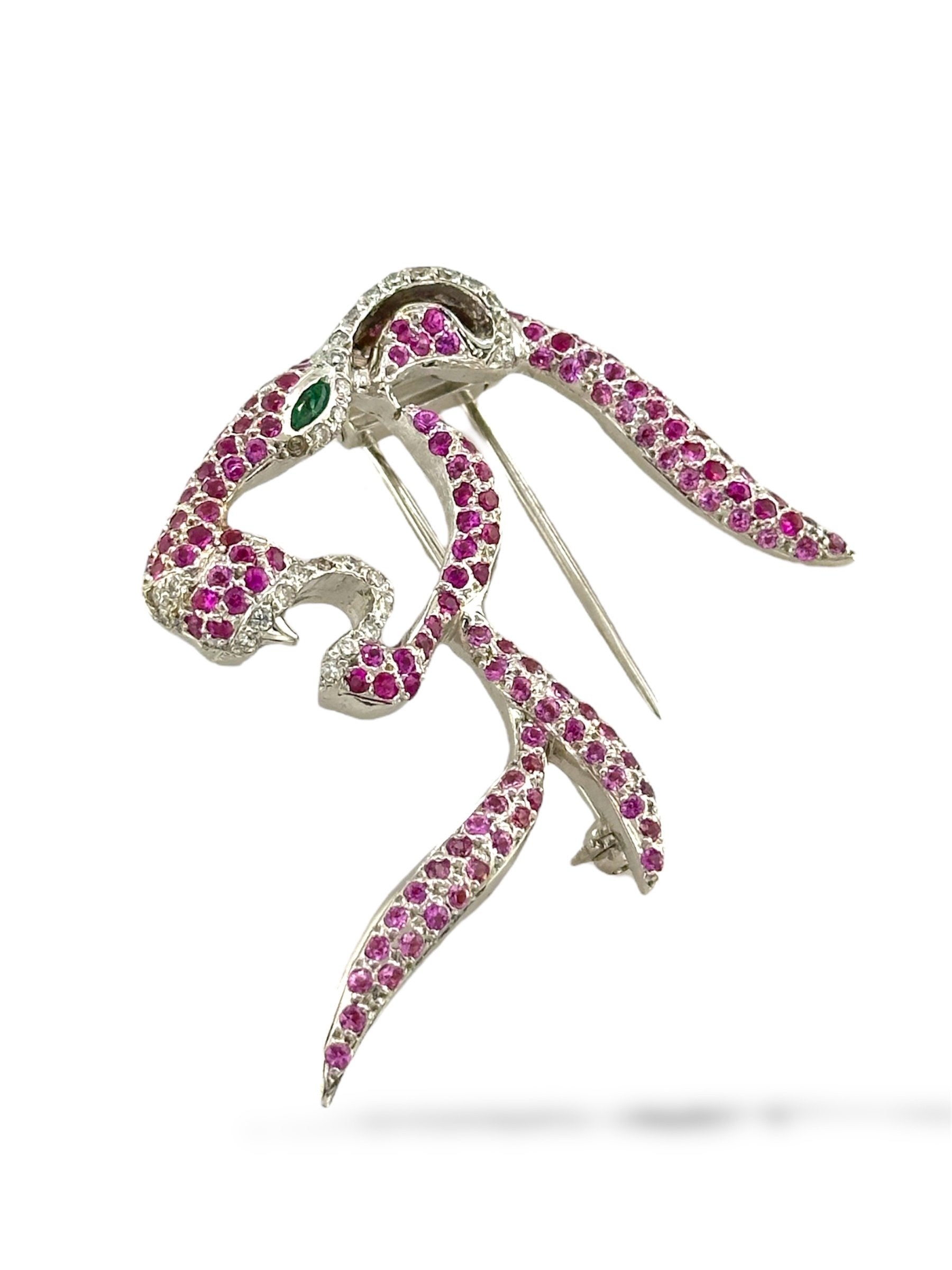Brooch - 14 kt. Yellow gold, 14K White Gold Panther Brooch with Pink Sapphires, Diamonds & Emerald Eye -  0.4ct. tw. Diamond (Natural)