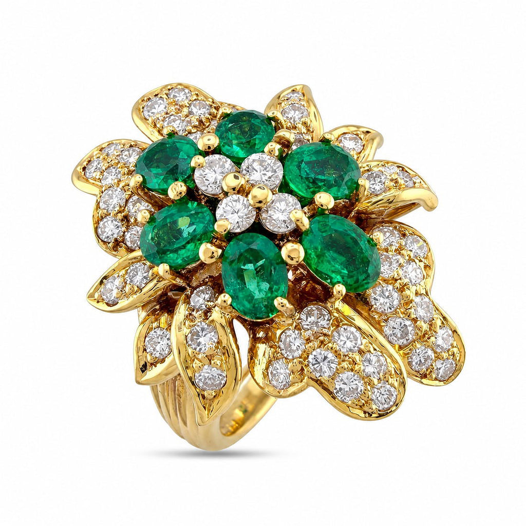18K yellow gold emerald and diamond cluster ring, green oval center with diamond petal details