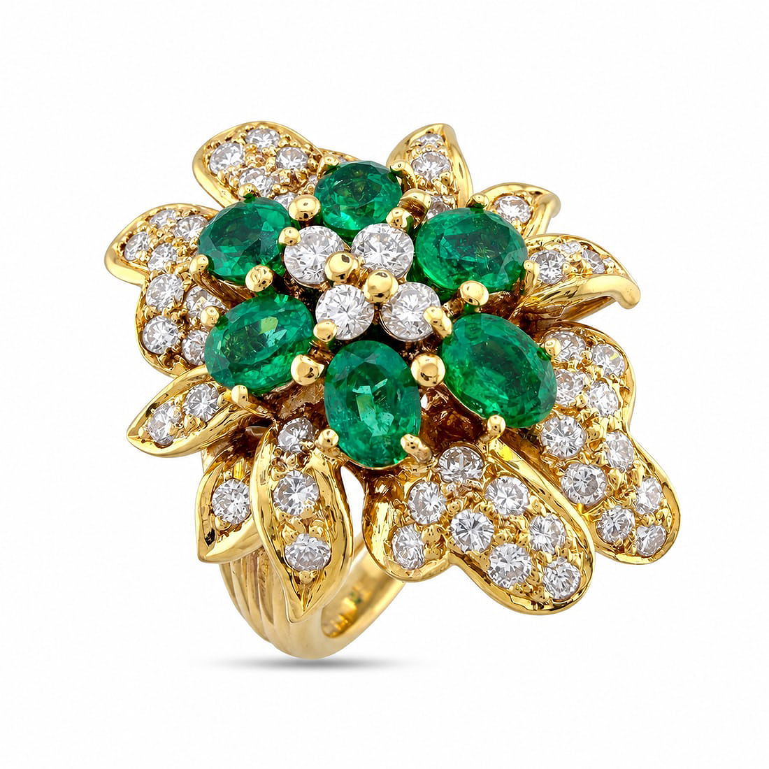 18K yellow gold emerald and diamond cluster ring, green oval center with diamond petal details