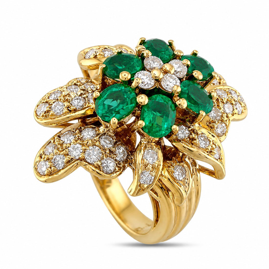 18K yellow gold emerald and diamond cluster ring, green oval stones set in gold prongs