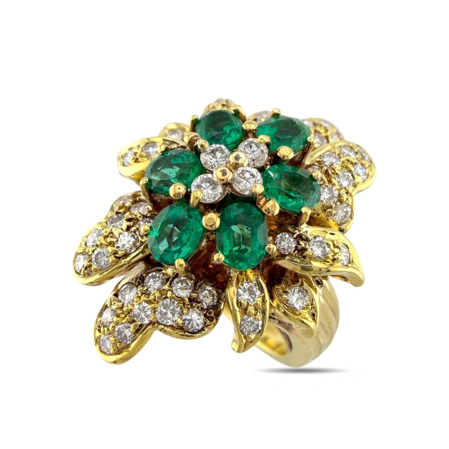 18K yellow gold emerald and diamond cluster ring with green oval stones and round accents