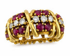 Wide vintage gold ring with ruby and diamond oval clusters, top view