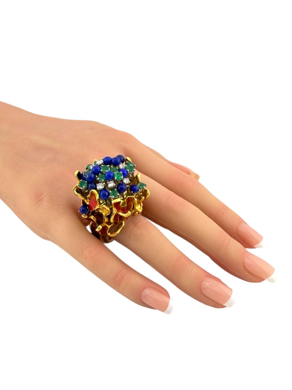 18K Yellow Gold Diamond Emerald Sapphire and Red Enamel Statement Ring