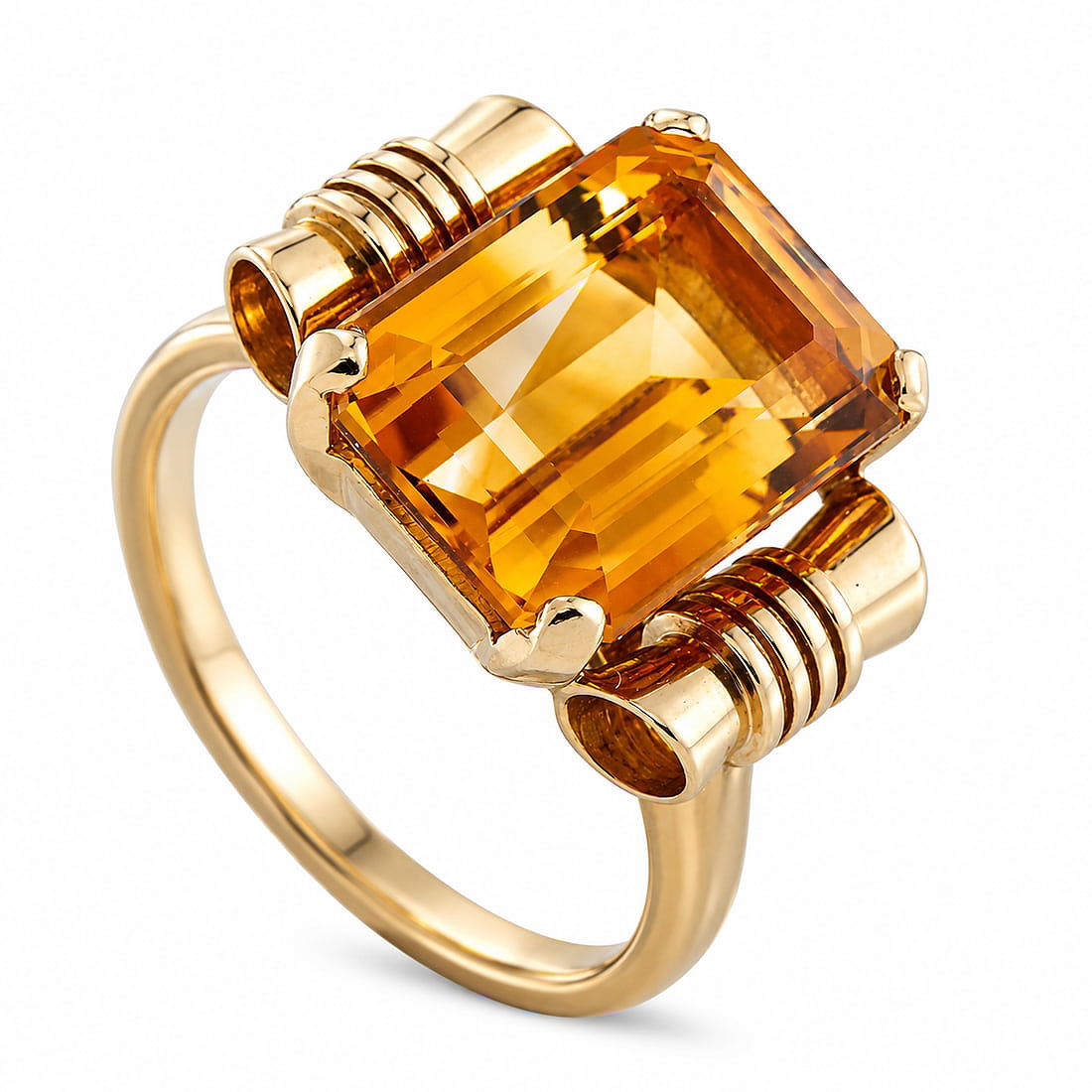 14K yellow gold citrine ring with rectangular amber stone, ribbed bezel and split band