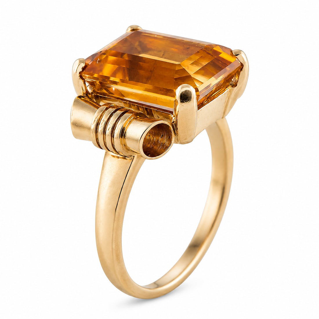 14K yellow gold citrine ring with rectangular amber gemstone, grooved band detail