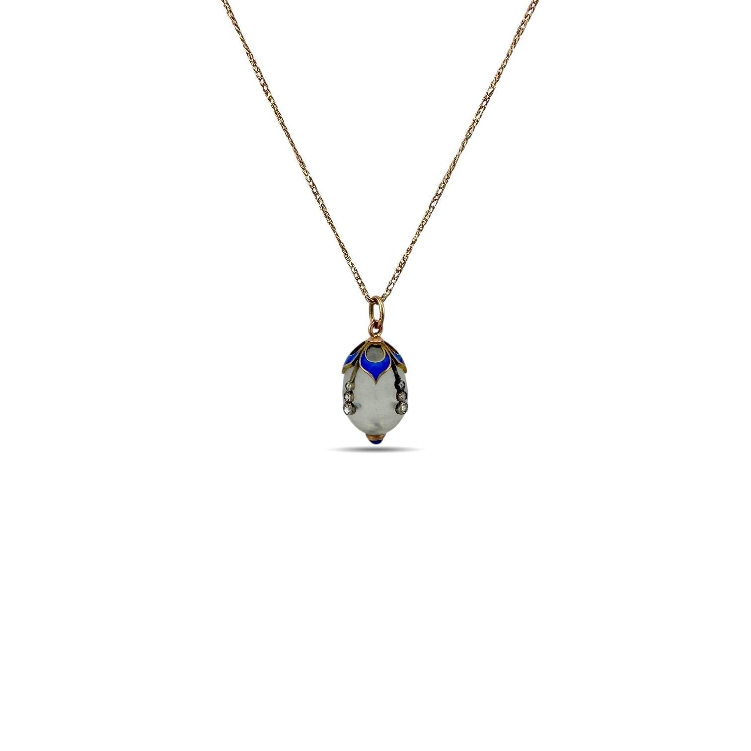 Imperial Russian Jewelled 56K Gold and Blue Enamel Egg Pendant