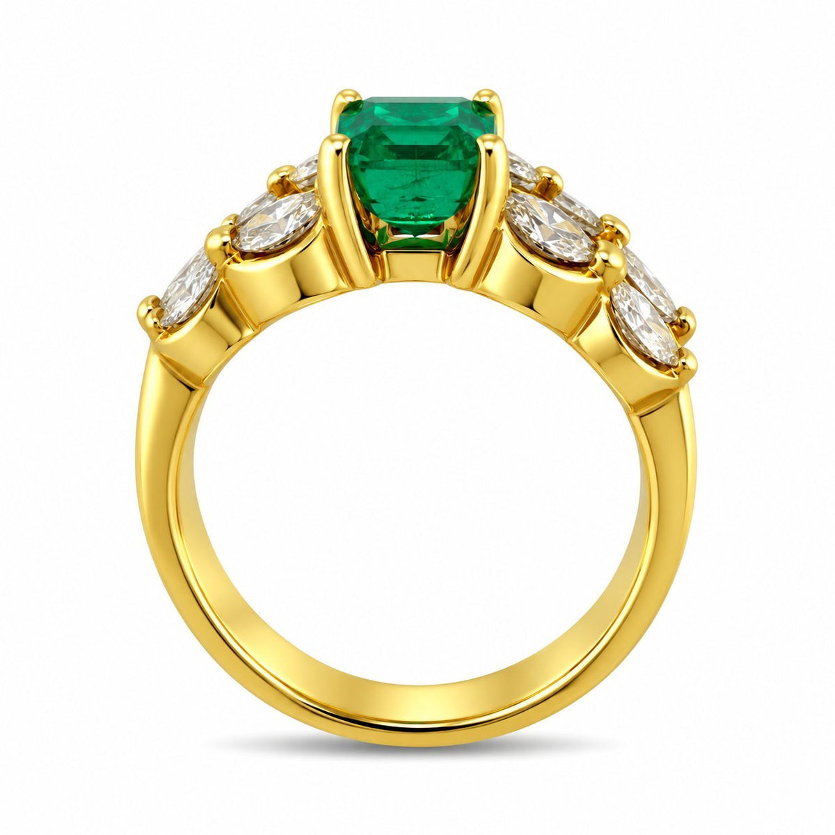 Yellow gold ring with square green emerald center and white diamond side stones