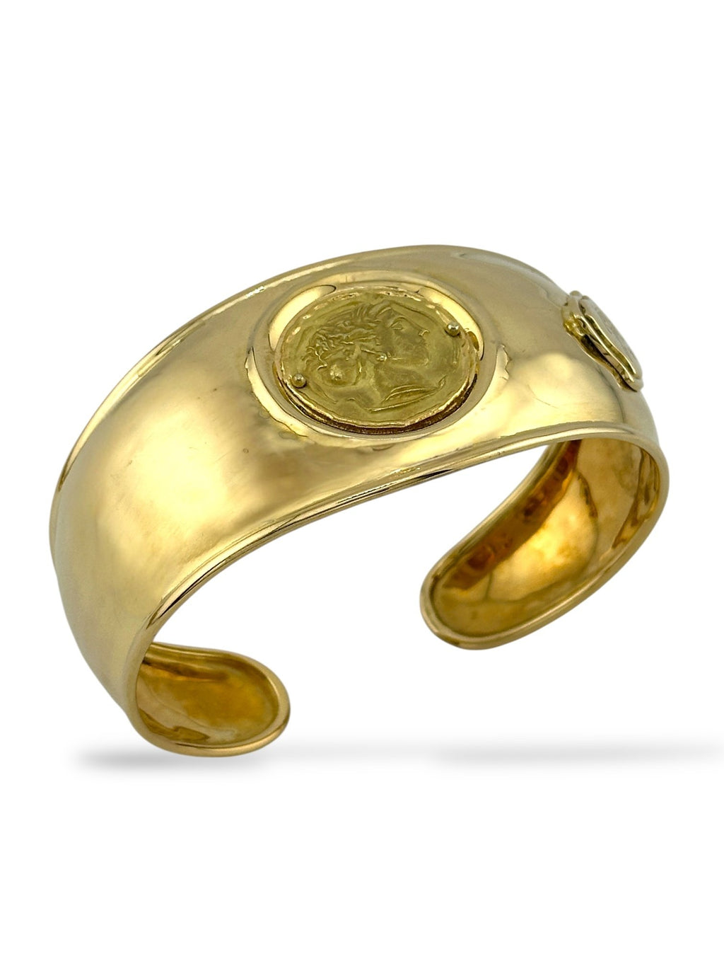 Set of 18K Yellow Gold Renaissance Revival Cuff Bracelet and Ring with Female Deity Motif
