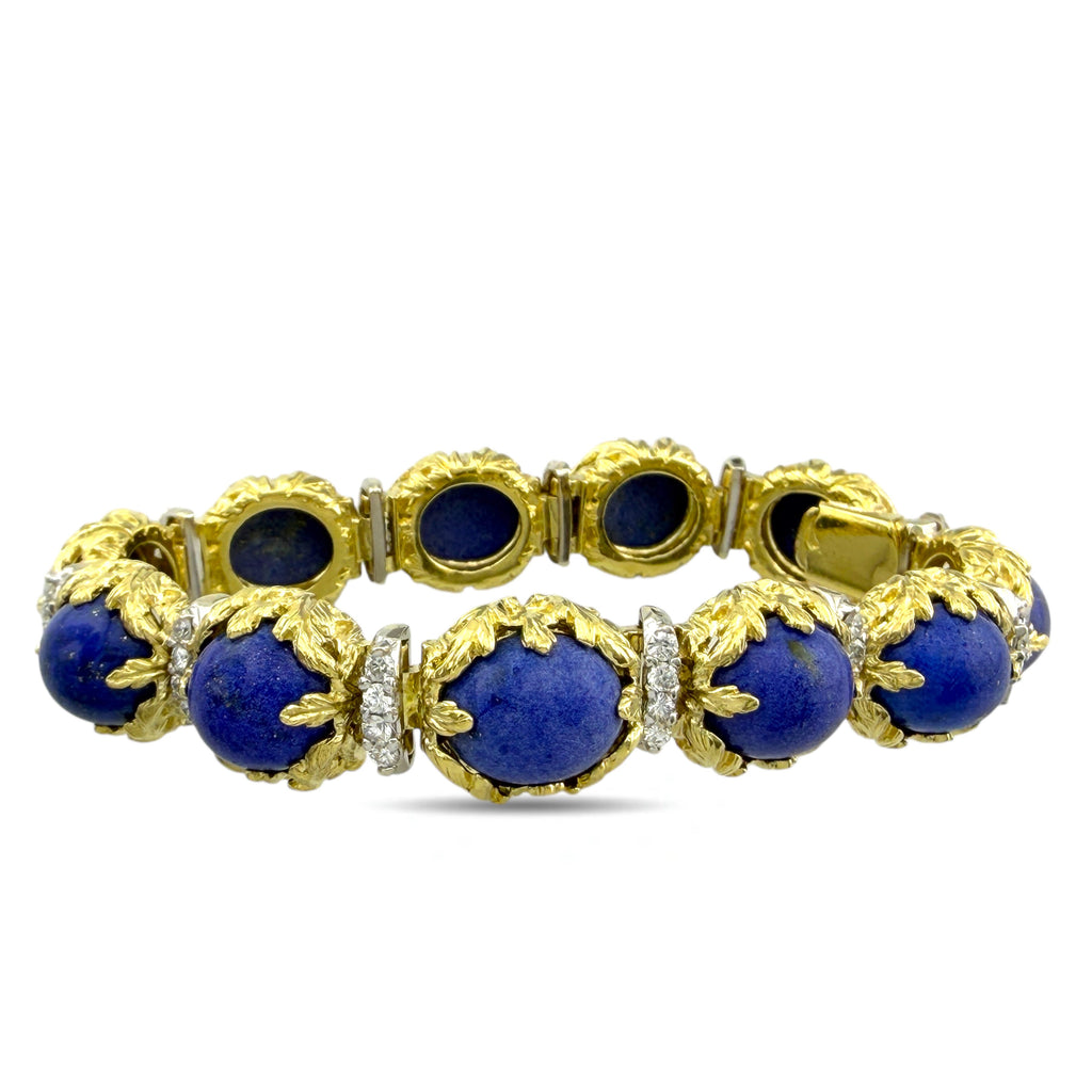 French 18K Yellow Gold Lapis Lazuli and 2.2ct Diamond Bracelet