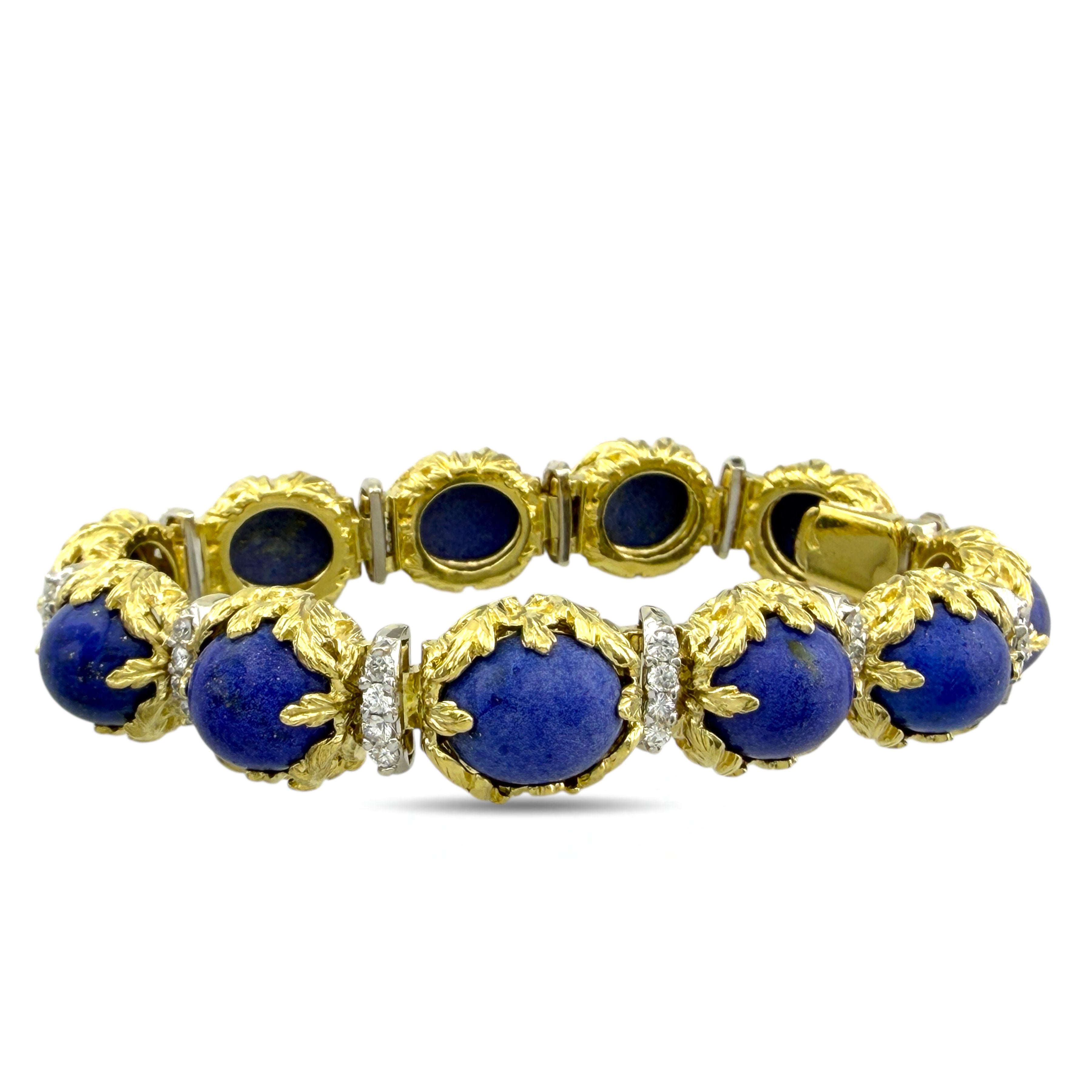 French 18K Yellow Gold Lapis Lazuli and 2.2ct Diamond Bracelet