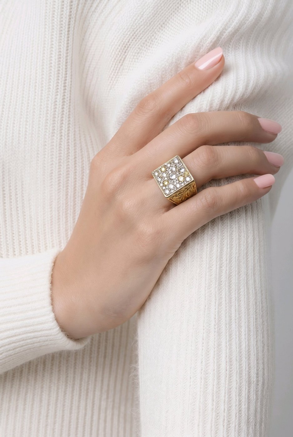 14K Yellow Gold 1.70ct Diamond Square Statement Ring